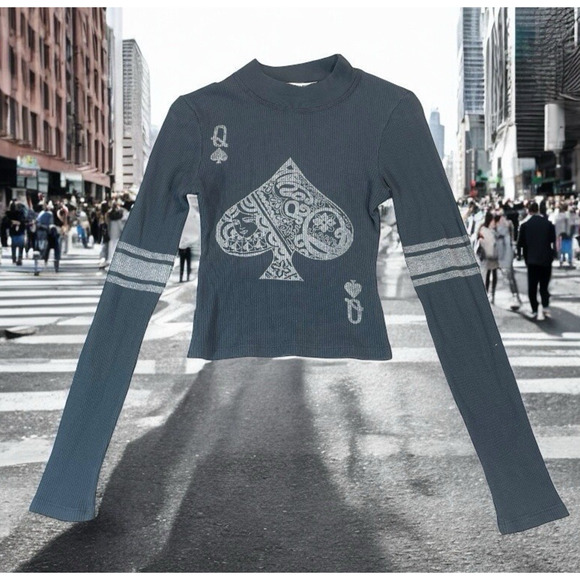 Free People Daydreamer QUEEN OF SPADES Thermal Crop Top Womens Sz XS Mock Neck - Picture 12 of 12